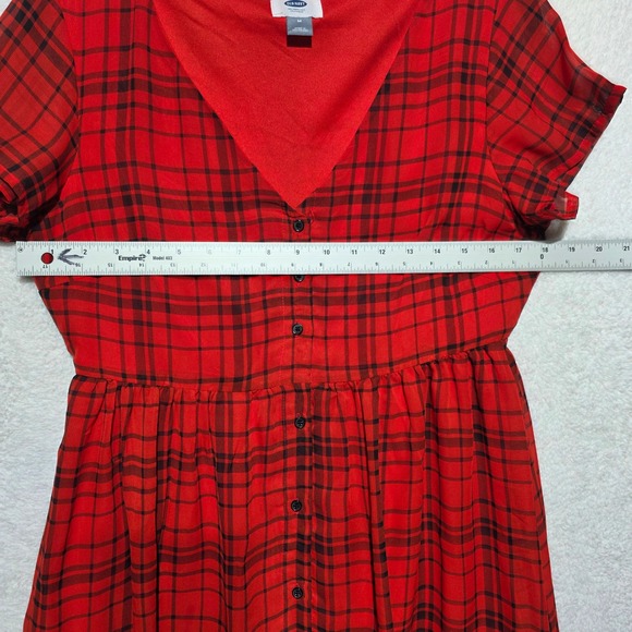 Old Navy Red Black Plaid Button Front V-Neck Short Sleeve Dress Medium M - Picture 7 of 9